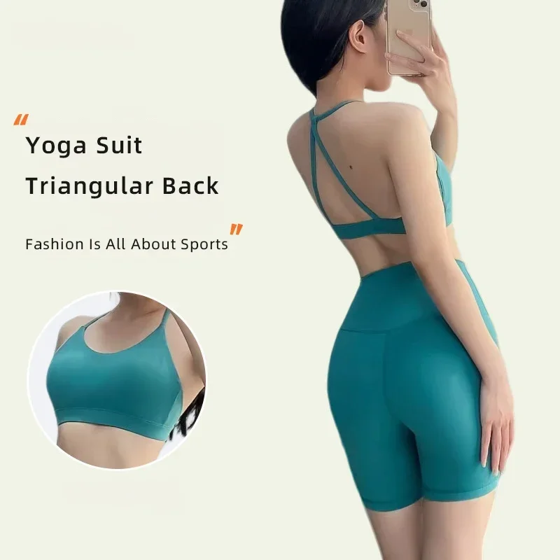 

2025 Summer New 2 Piece Yoga Shorts Set Women Gym Sports Set Cross Bra High Waist Shorts Running Tracksuit Yoga Suit