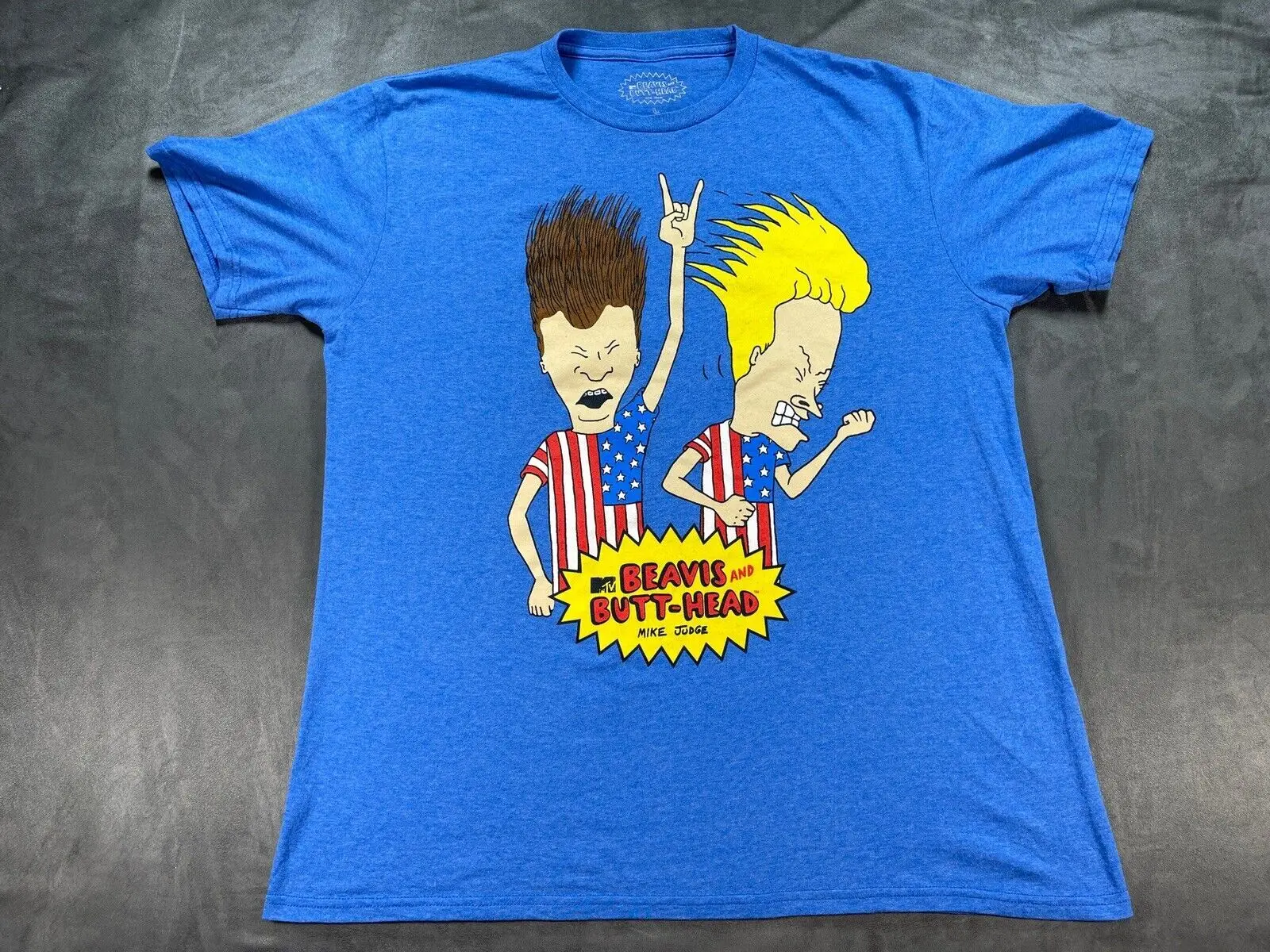 

Mike Judge BEVIS & BUTTHEAD America Rock Roll Cartoon Blue Shirt SLIM LARGE M-L