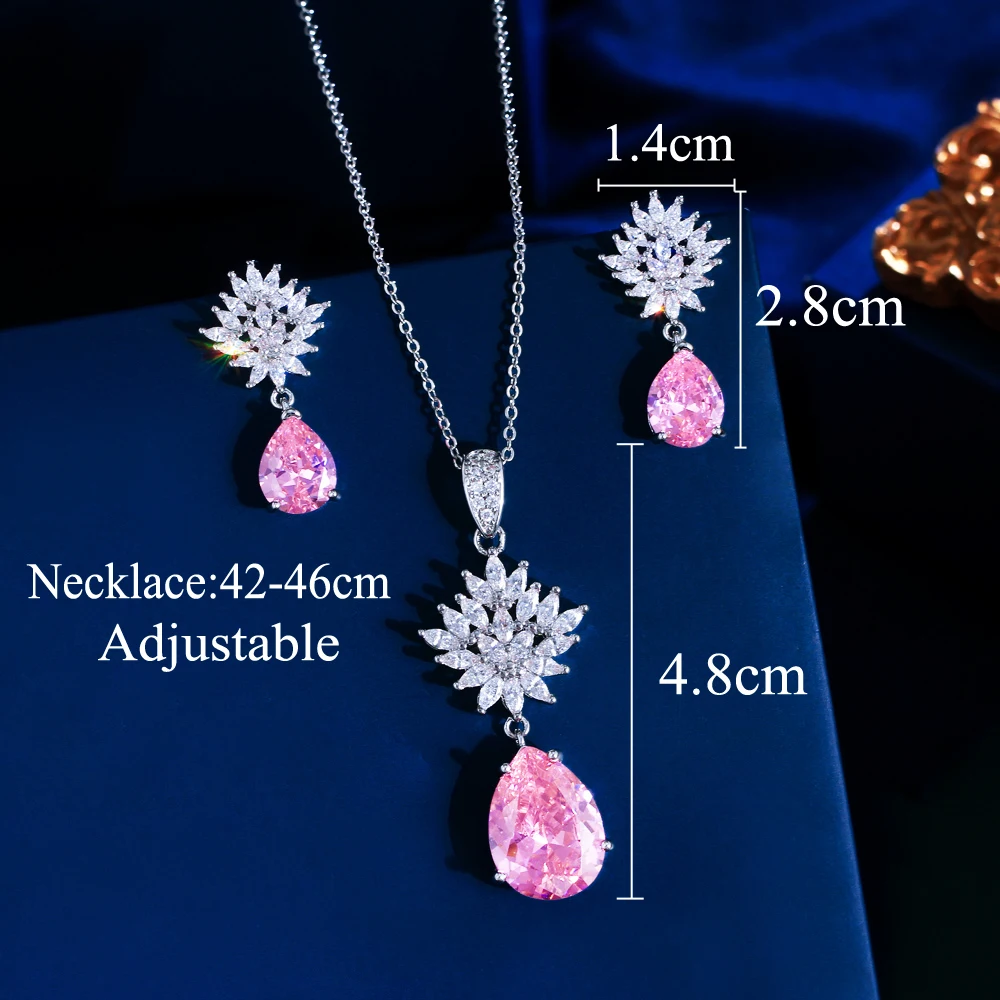 CWWZircons Gorgeous Cubic Zirconia Leaf Pink Water Drop Pendant Necklace Earrings Engagement Party Jewelry Sets for Women T755