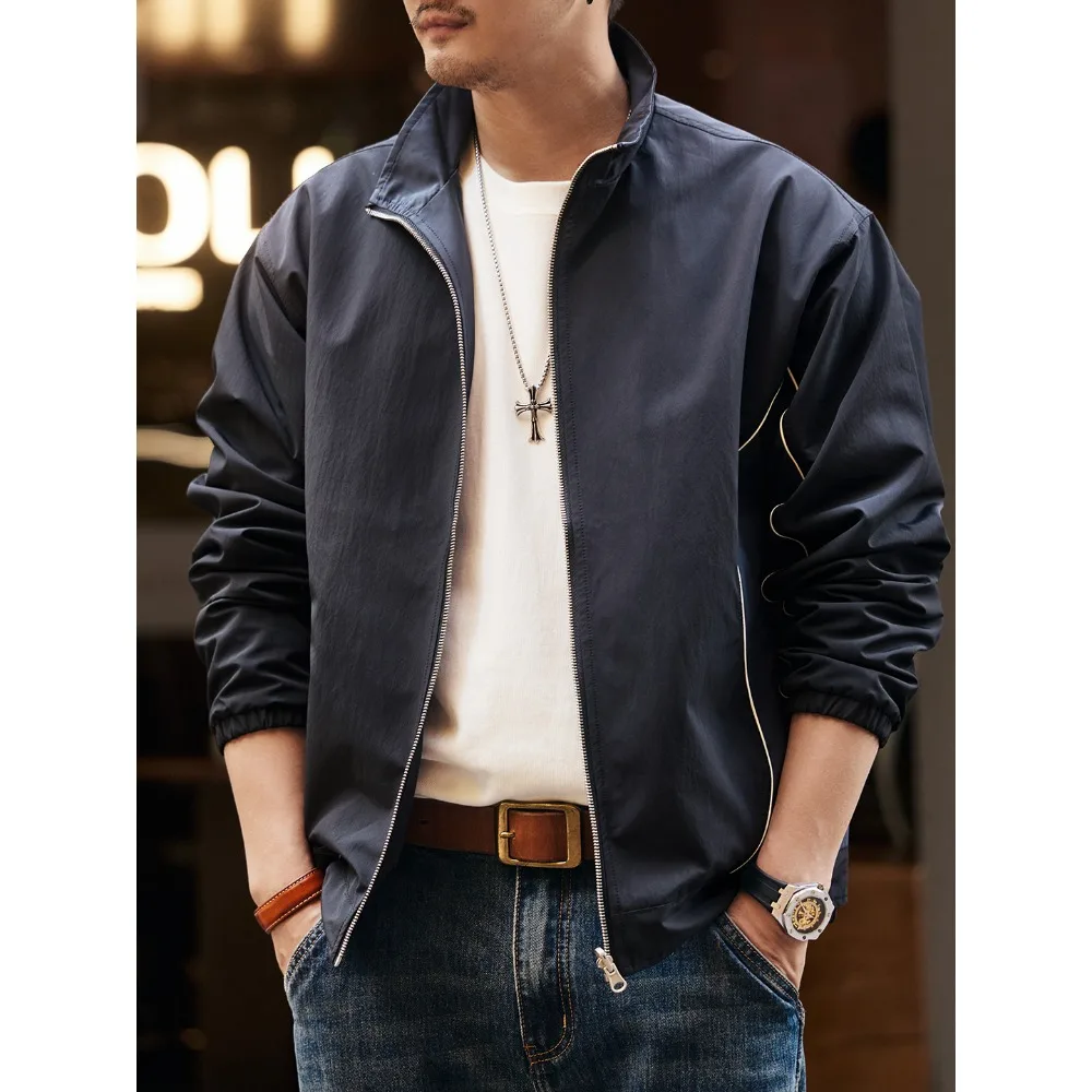 A new autumn and winter trendy men's double-sided high-end and simple contrasting color stand-up collar jacket with a loose fit