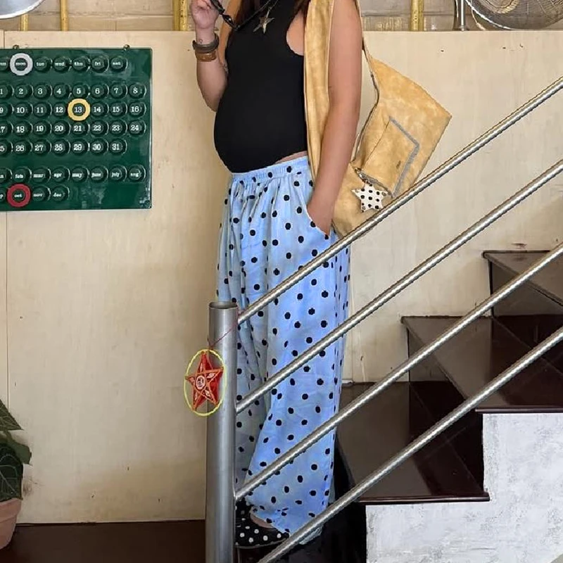 خمر البولكا نقطة واسعة الساق البنطلون السراويل النسائية الخريف في سن المراهقة فتاة كسول فضفاضة تناسب السراويل الطويلة الأمريكية الرجعية Preppy الشارع الشهير #5