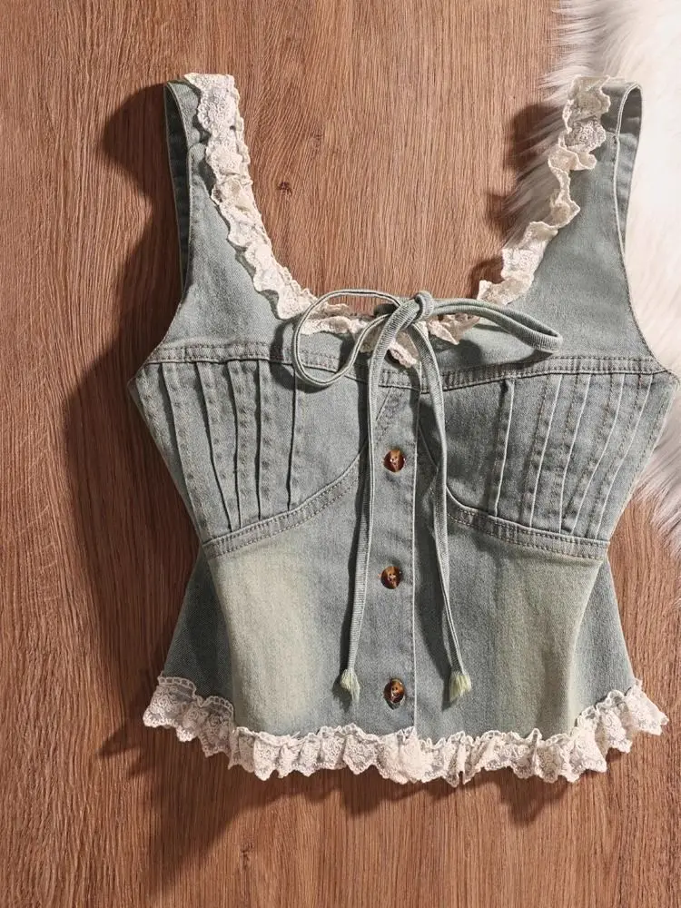 

Y2k Spice Girls Denim Camis Lace Bow Single Breasted Folds Crop Tops Sleeveless Tanks Summer All Match Sexy Women Clothing 2025