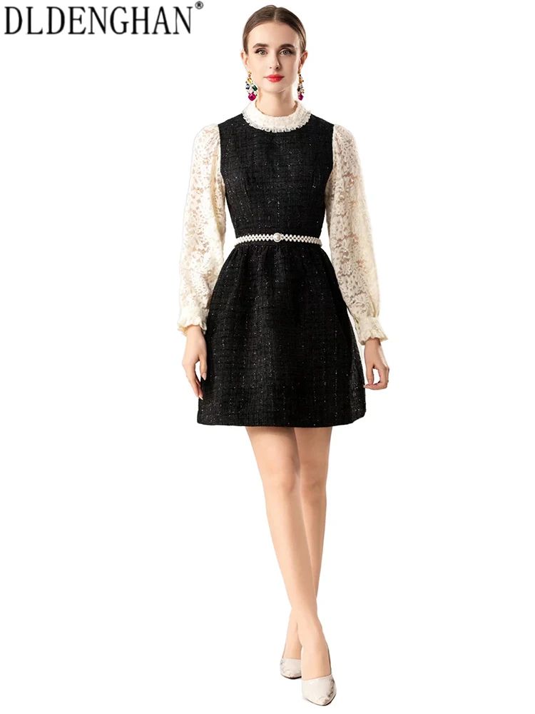 DLDENGHAN Women's O-Neck Long Sleeves Gingham pearl Sashes Sweet Spring Autumn Mini Dresses