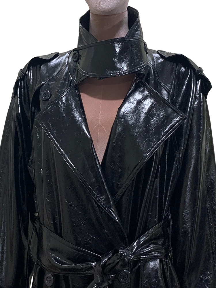 Długi, błyszczący, odblaskowy czarny płaszcz trencz ze skóry PU Mauroicardi na jesień dla kobiet, dwurzędowy, luksusowy, luźny płaszcz wierzchni 2025