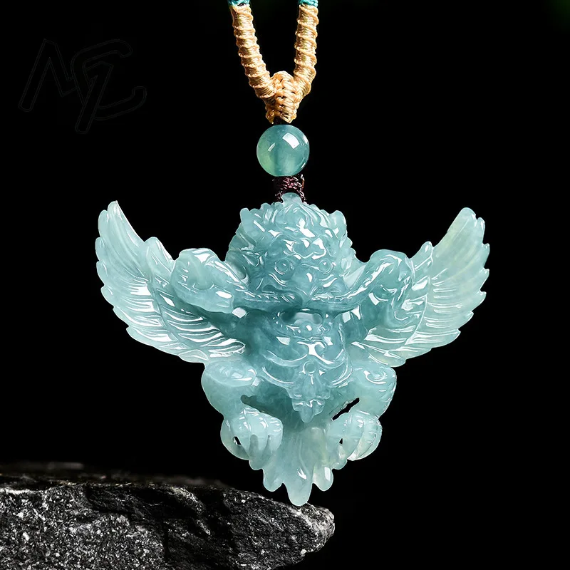 Real Natural Emerald Jade Blue Water Garuda Roc Pendant Necklace Carved Charm Jadeite Jewelry Fashion Amulet Gifts Certificate view 3
