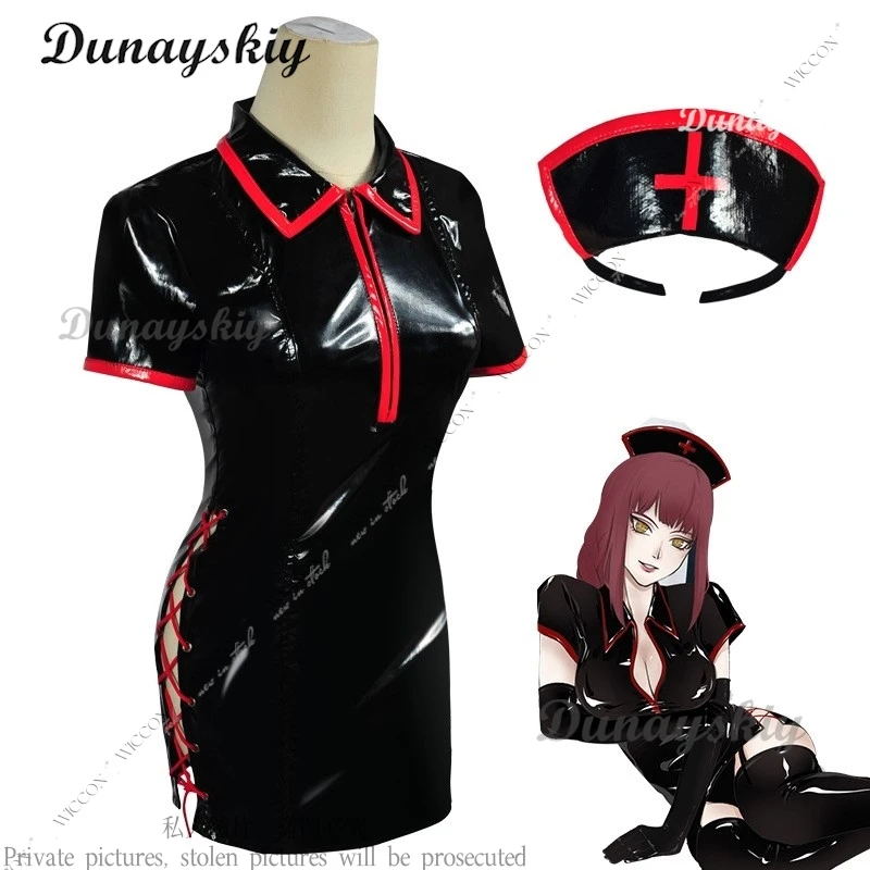 Makima Anime Cosplay Costume Wig Nurse Uniform Split On The Side Man Role Play Woman Adult Sexy Party Headwear Set