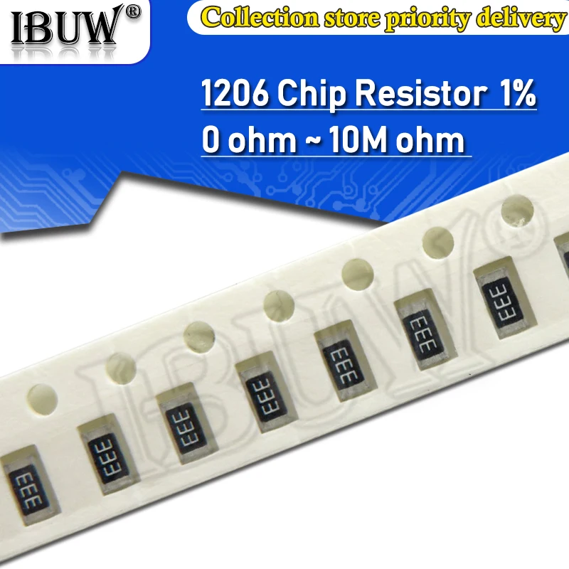 100szt 1206 1% rezystor SMD 0R ~ 10M 1/4W 0 1 10 100 150 330 ohm 1K 2.2K 10K 100K 0R 1R 10R 100R 150R 220R 330R 1M 10M 22K 30K