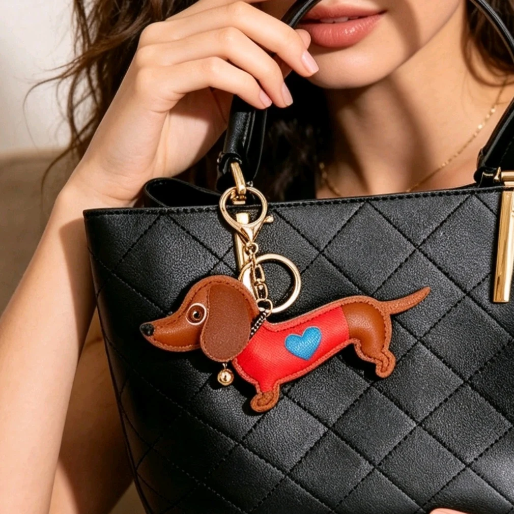 Cute Spotted Dachshund Dog Leather Keychain Trendy Wiener Dog Puppy Bag Charm Kawaii Puffy Purse Pendant Fashion Accessory Woman