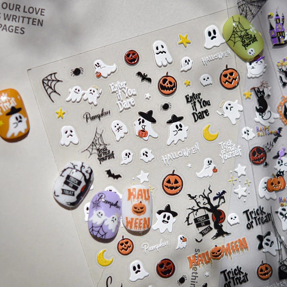 Screaming Halloween 5D Nail Art Sticker Kürbislaterne Geisterschädel Fledermäuse Spinnennetz Gruseliger Baum Mond Sterne Gruseliger Nail Art Aufkleber