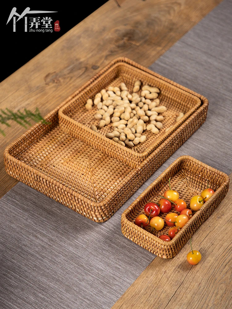 

Hand-woven Rattan Fruit Tray, Cup Saucer, Tea Tray, Desktop End Table, Snack Basket, Home Storage Tray