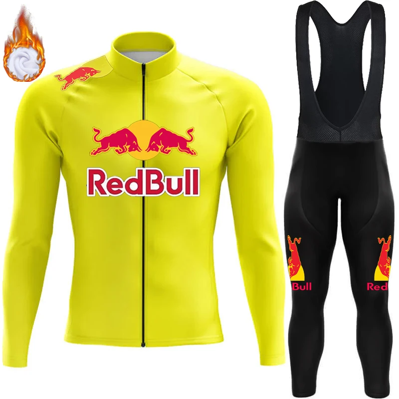 

Winter Cycling Jersey Men Thermal Fleece Bib Cycle Red Bull Bicycles 2024 Man Clothing Retro Sportswear Set Men's Bicycle Outfit