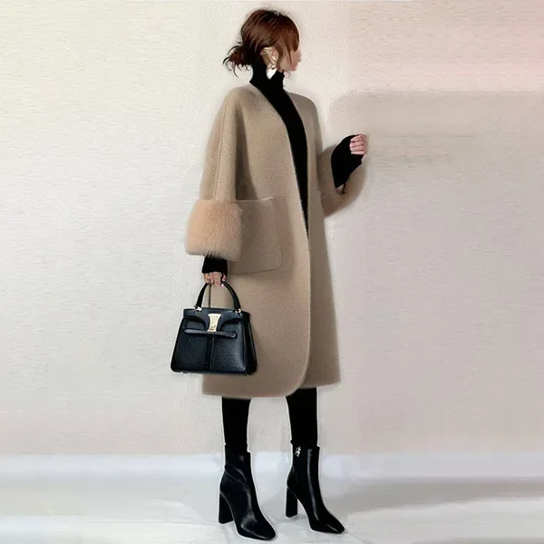 معطف فرو جلدي بطول الكتف بدون ياقة وأكمام متوسطة الطول معطف صوفي نسائي من ألياف البوليستر #3