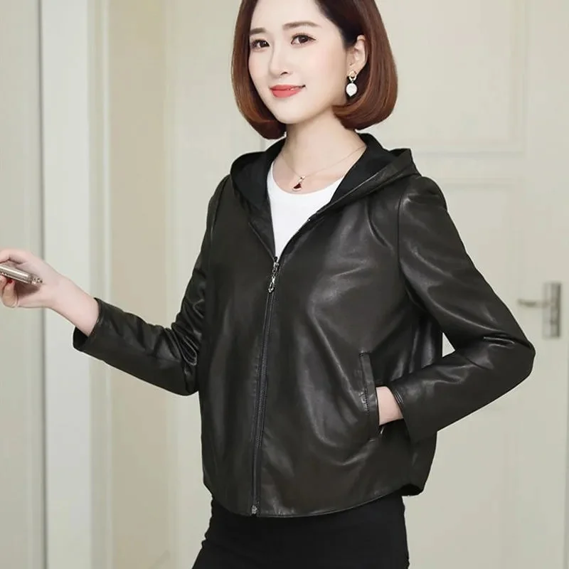 Fashion Unsplitting Skin Short Leather Coat Female NEW 2023 Women\'s Motorcycle Jacket Spring Autumn Korean Version Outerwear