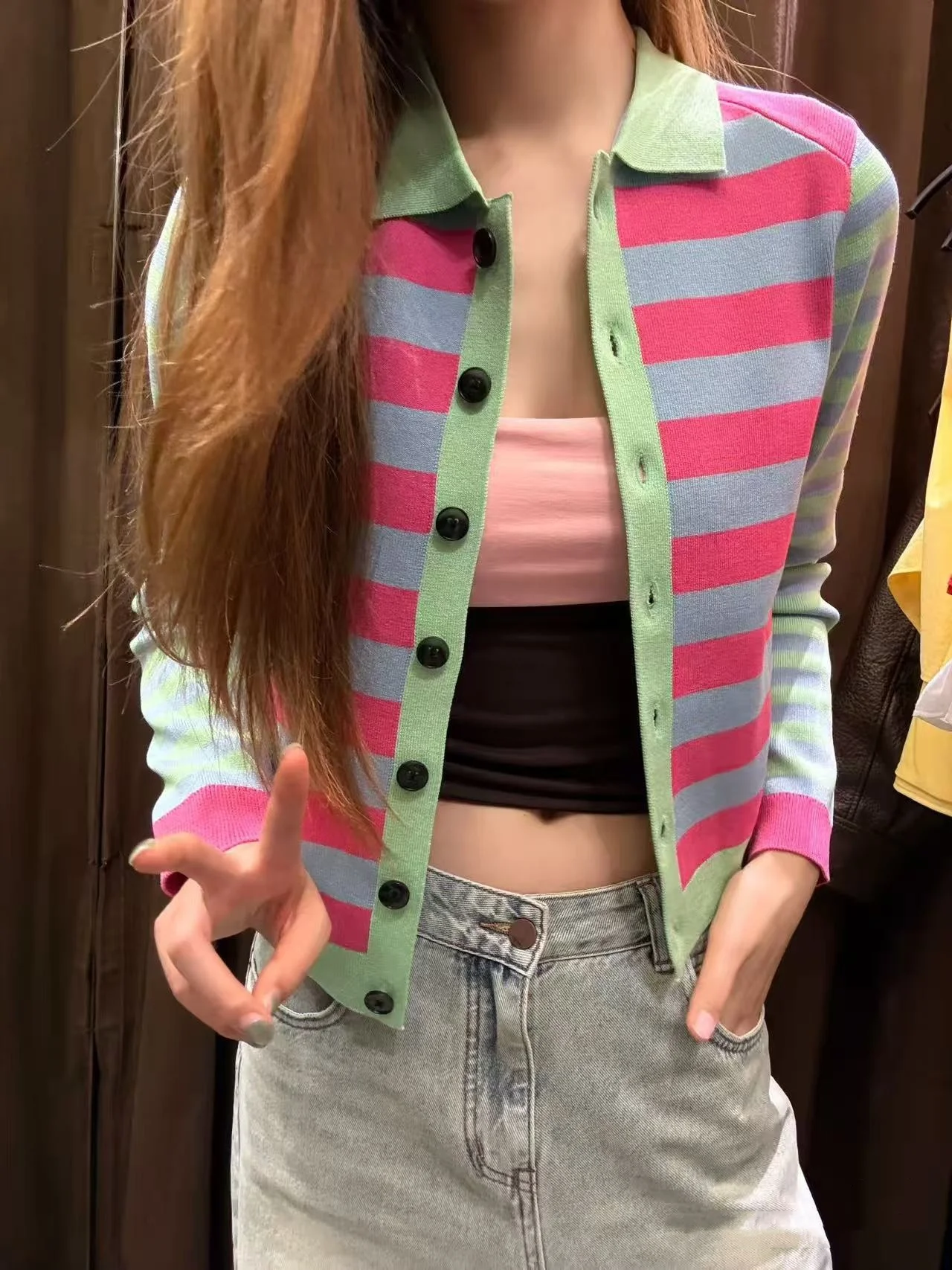 

Новый женский вязаный кардиган в полоску с длинными рукавами в стиле преппи, свободного кроя, для весны и лета