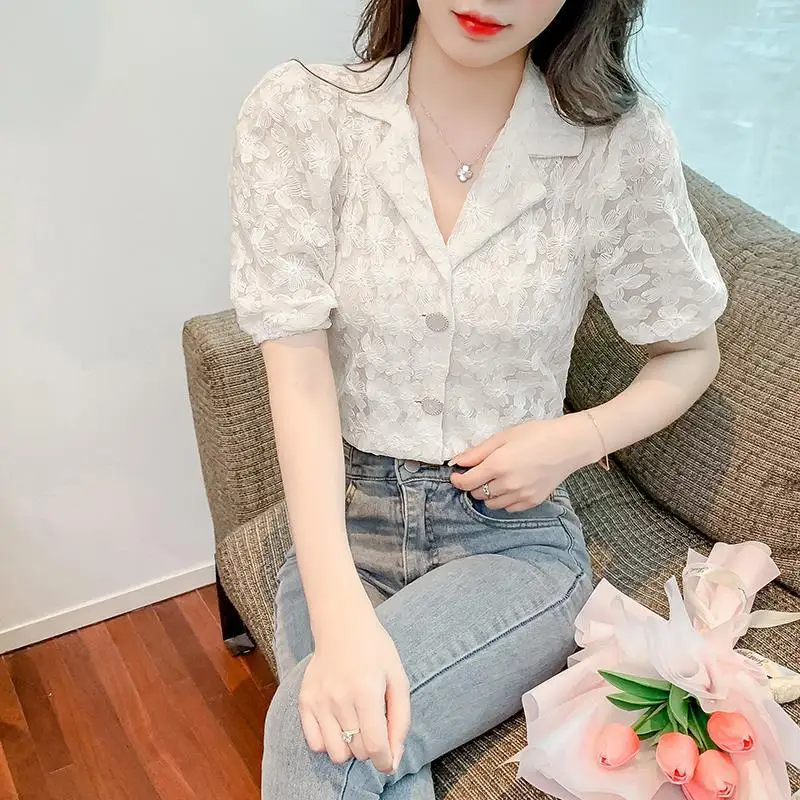 Summer Korean Fashion Buttons Solid Color Turn-down Collar Puff Sleeve Blouse Women Clothes Simplicity Net Yarn Women\'s Shirt