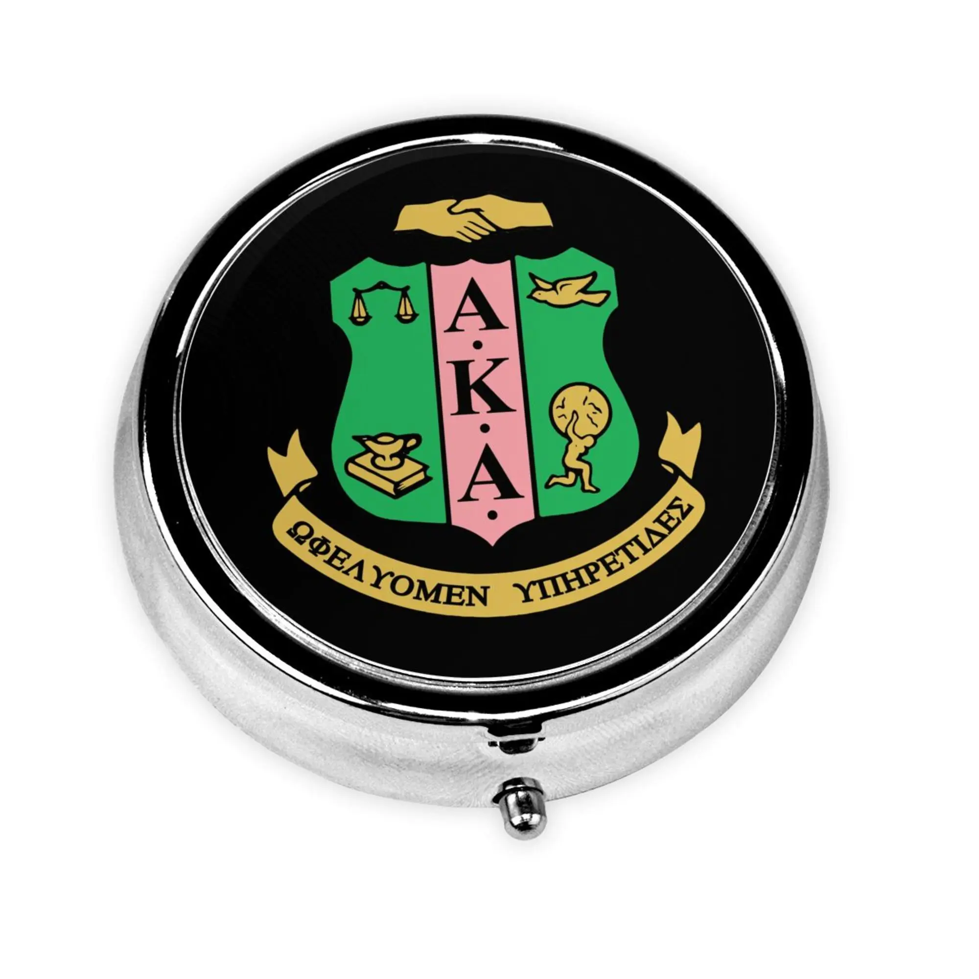 AKA Sorority Print Pill Box Purse Pocket Small Round Silver Pill Case Decorative Metal Medicine Vitamin Pill Organizer Portable