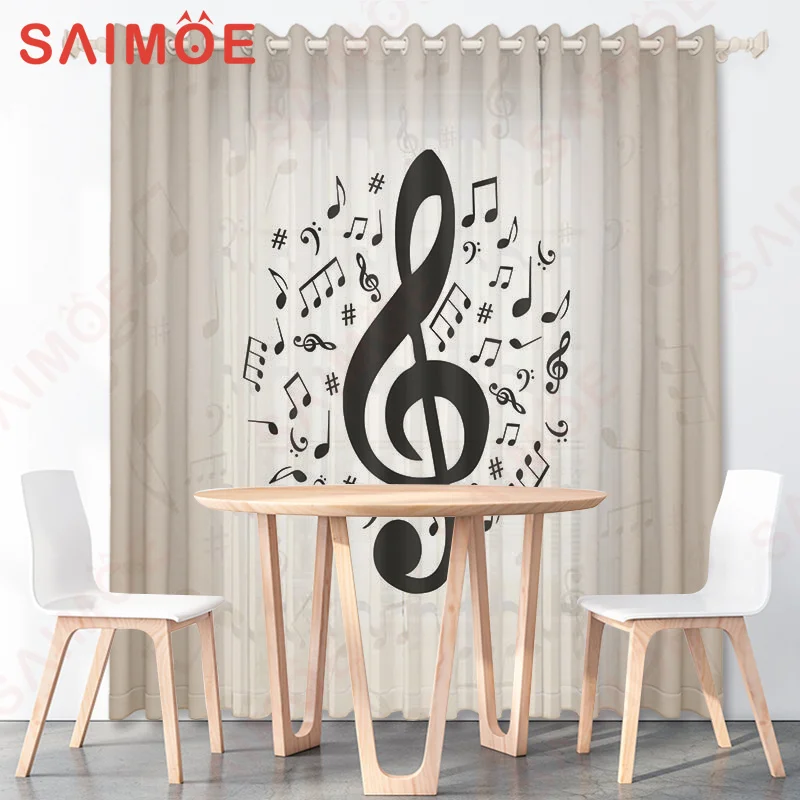 Vintage Literary Music Classroom Custom Curtain Notes Stave Drum Kit Mic Office Background Thin Polyester Fabric Trim with Hooks