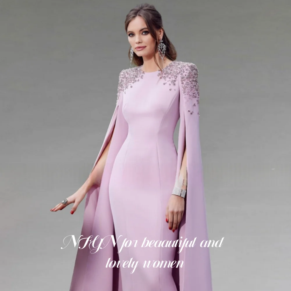 

NFYN Pink Elegant Formal Gown O-Neck Long Sleeves Prom Dresses Shiny Rhinestones Knee-Length Skirt Evening Dresses Customized