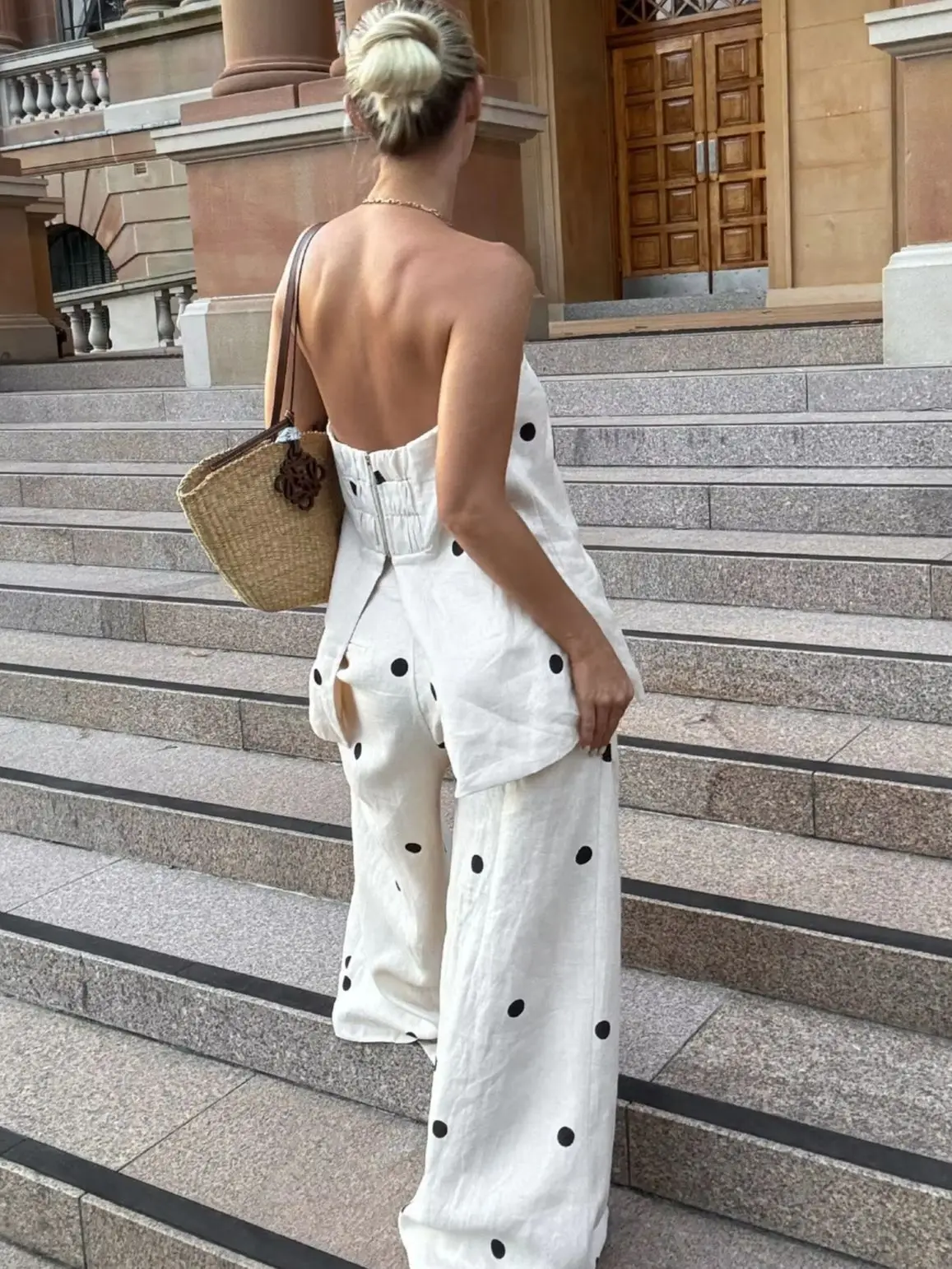 Fashion Solid Off Shoulder Round Print Women Top Suits Fashion Loose High Waist Pants Suit 2025 Spring Lady New Commuting Sets