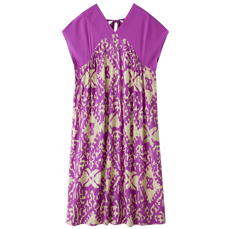 

Женское платье длиной до колена больших размеров с V-образным вырезом, фиолетовое, свободное, для похудения, в стиле пэчворк, для похудения