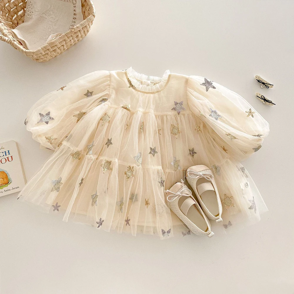 0-5 Jahre Koreanisches Mädchenkleid, Modisches Pailletten-Sternen-Mesh-Kleid mit Laternenärmeln für Kinder, Prinzessinnenkleid 2026, Herbst-Kinderkleidung – Detail 5