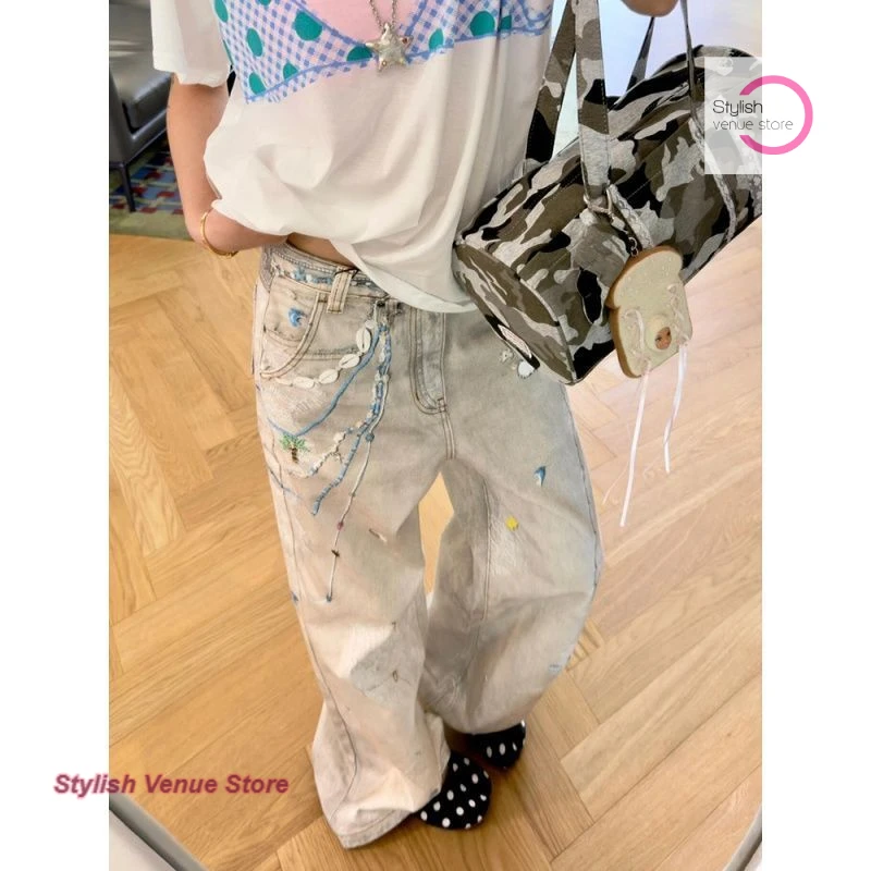 American fashion design prints jeans women's summer new temperament high waist loose slim drape casual wide-leg mop pants.