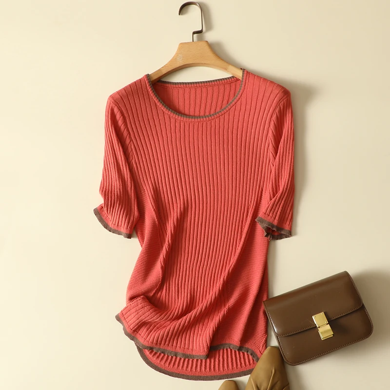 

Thin Knitted Women T-Shirts Summer New 2024 Short-Sleeved Slim Elastic Office Lady Pulls Outwear Tops Tees