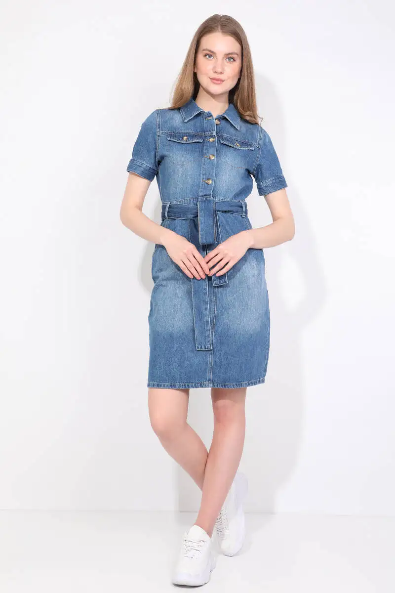 Blue White Women Short Sleeve Jean Dress