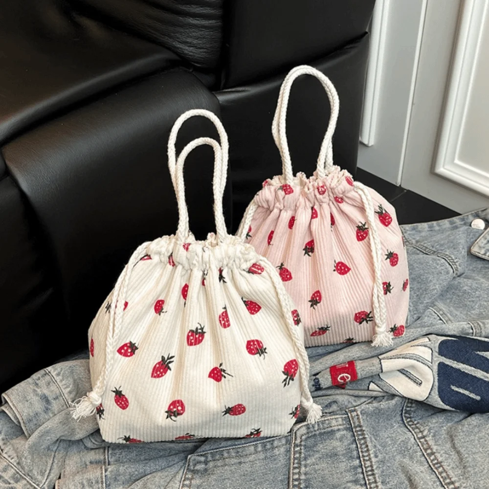 

Модная хлопковая сумка на шнурке, стеганая косметичка с вишневым клубничным узором, вельветовая подарочная сумка на шнурке для женщин и девочек