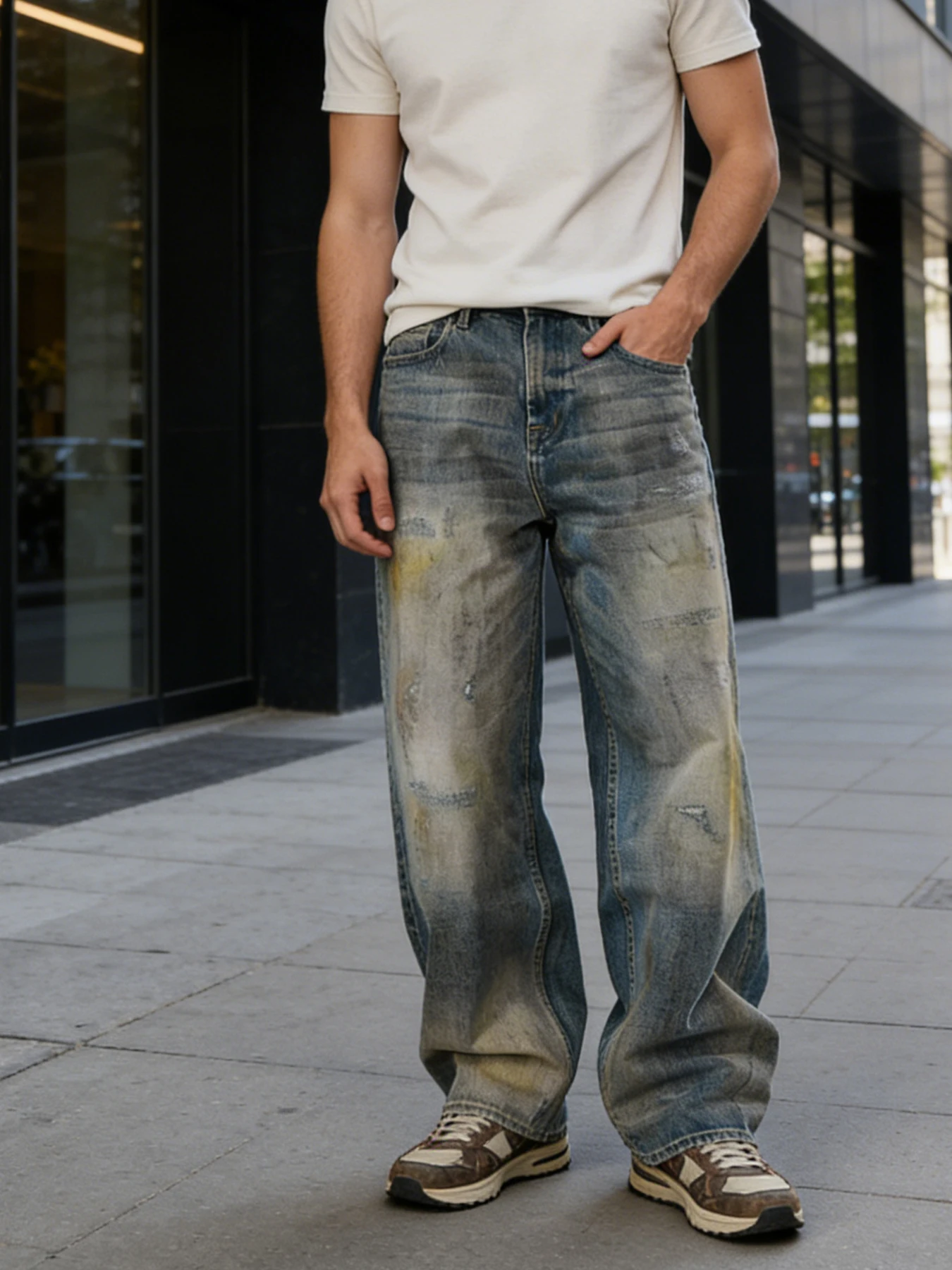 

Vintage distressed yellow-stained ripped jeans for men, wide-leg fit, high-street trendy brand, versatile casual long pants