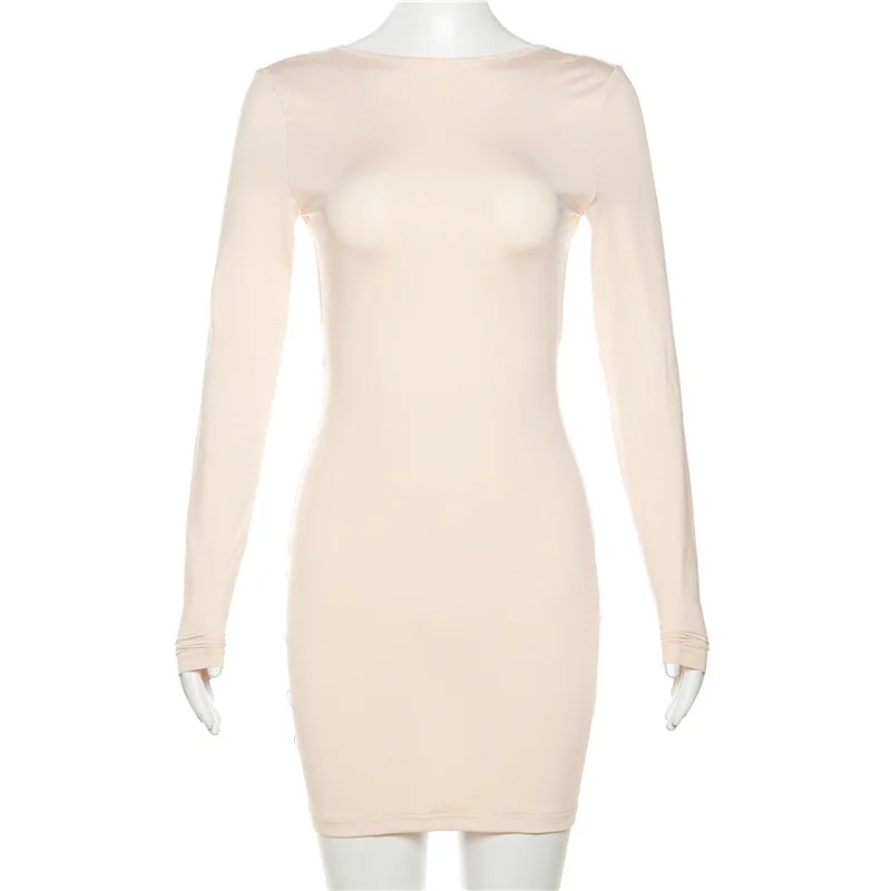 Pagamento Mini abito casual da donna Conciso classico senza schienale Manica intera O-Collo Abbigliamento da strada aderente femminile di base
