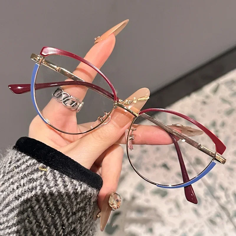 Multicolor Half Rim Custom Prescription Eyeglasses for Women Cat Eye Two Tone Metal Frame Anti Blue Light Personalized Glasses