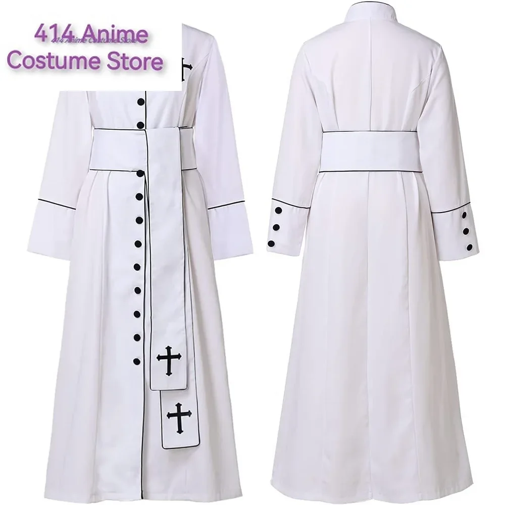 Priest Cosplay Cpstume Woman Cassock Pastor Robe Church Black Robe Clergy Ladies Roman Cassock Belt Halloween Suit