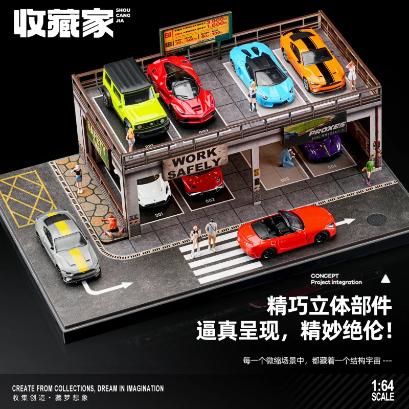 1:64 Scale Double Layer Simulation Garage Model with Lights Parking Lot Car Display Storage Box Miniature Scene Decoration