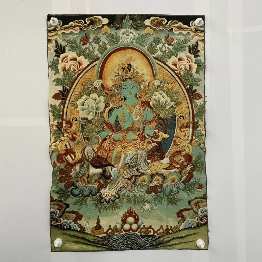 Thangka Embroidery Tibetan Buddhism Silk Embroidery Green Tara Sitting Buddha Thangka hanging screen Worship Hall