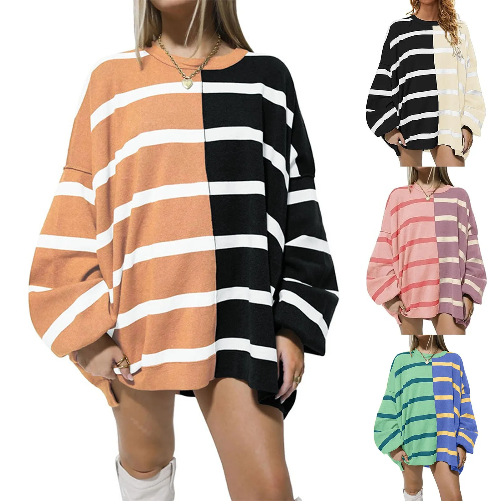 Womens Oversized Pullover Sweater Casual Loose Long Sleeve Color Block Round Neck Knit Sweaters Tops Hood Sweatshirt Women