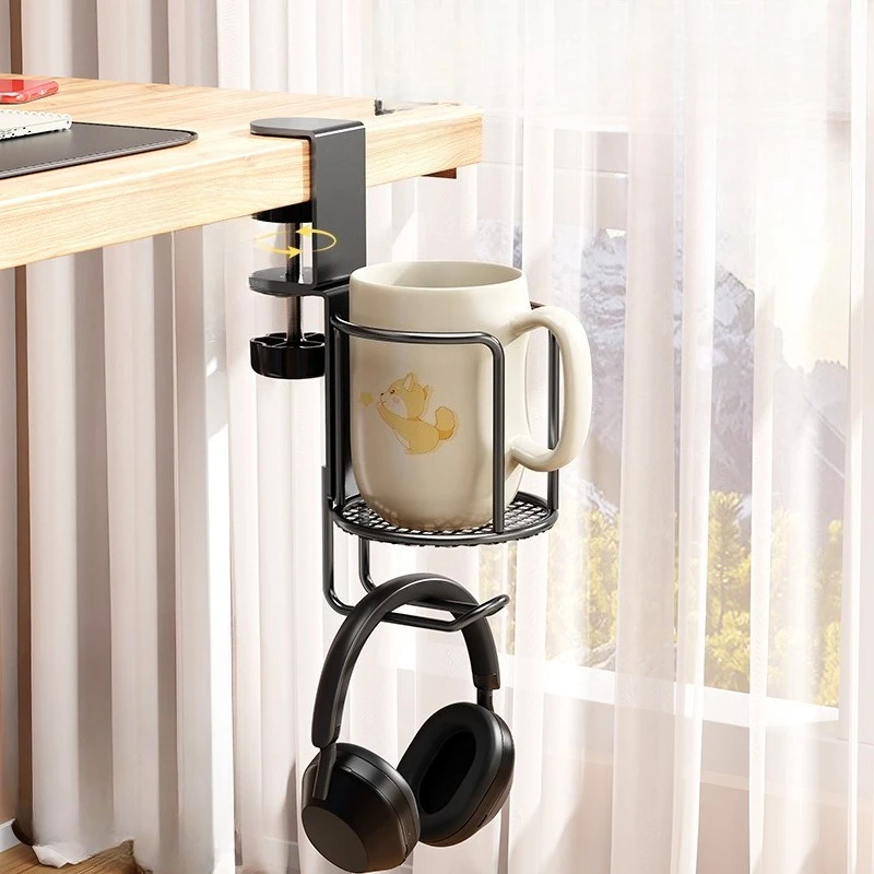 

2 In 1 No Drill Desk Cup Holder, 360° Rotatable Adjustable Arm Clamp Stand, Anti-fall Table Edge Drink Cup Holder