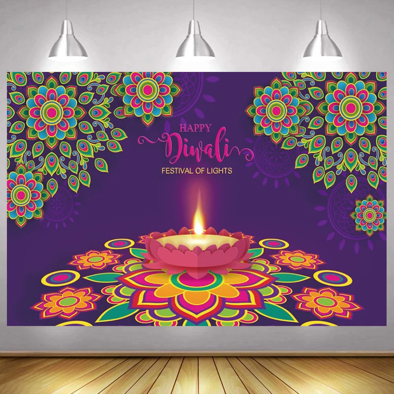 Indian Diwali Festival Photography Backdrop Candle Fireworks Mural Photo Background Light Oil Lamp Decorations Wall Banner Props