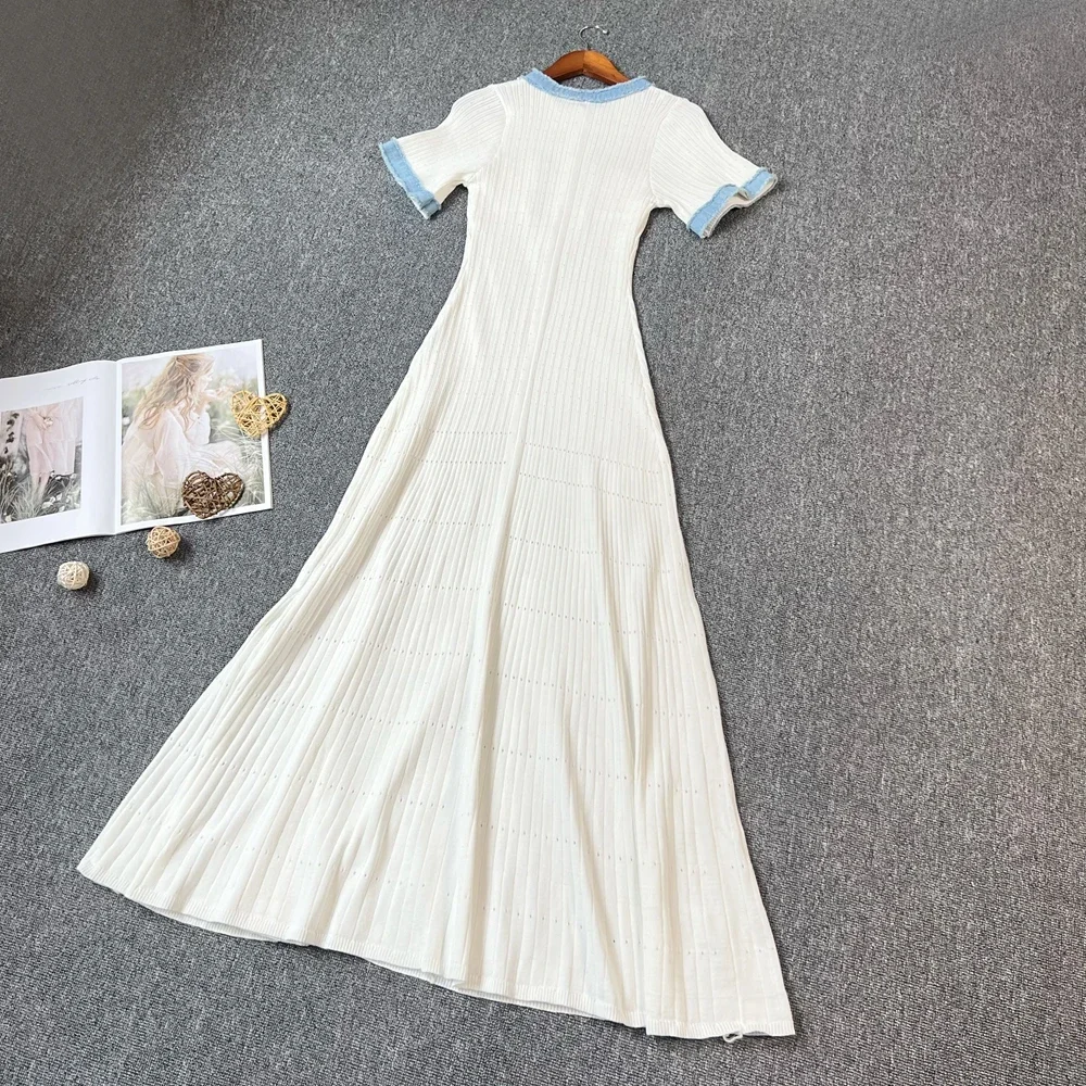 Yuoomuoo marca moda feminina vestido 2025 primavera verão vintage denim retalhos o pescoço de malha maxi vestido senhora do escritório vestidos