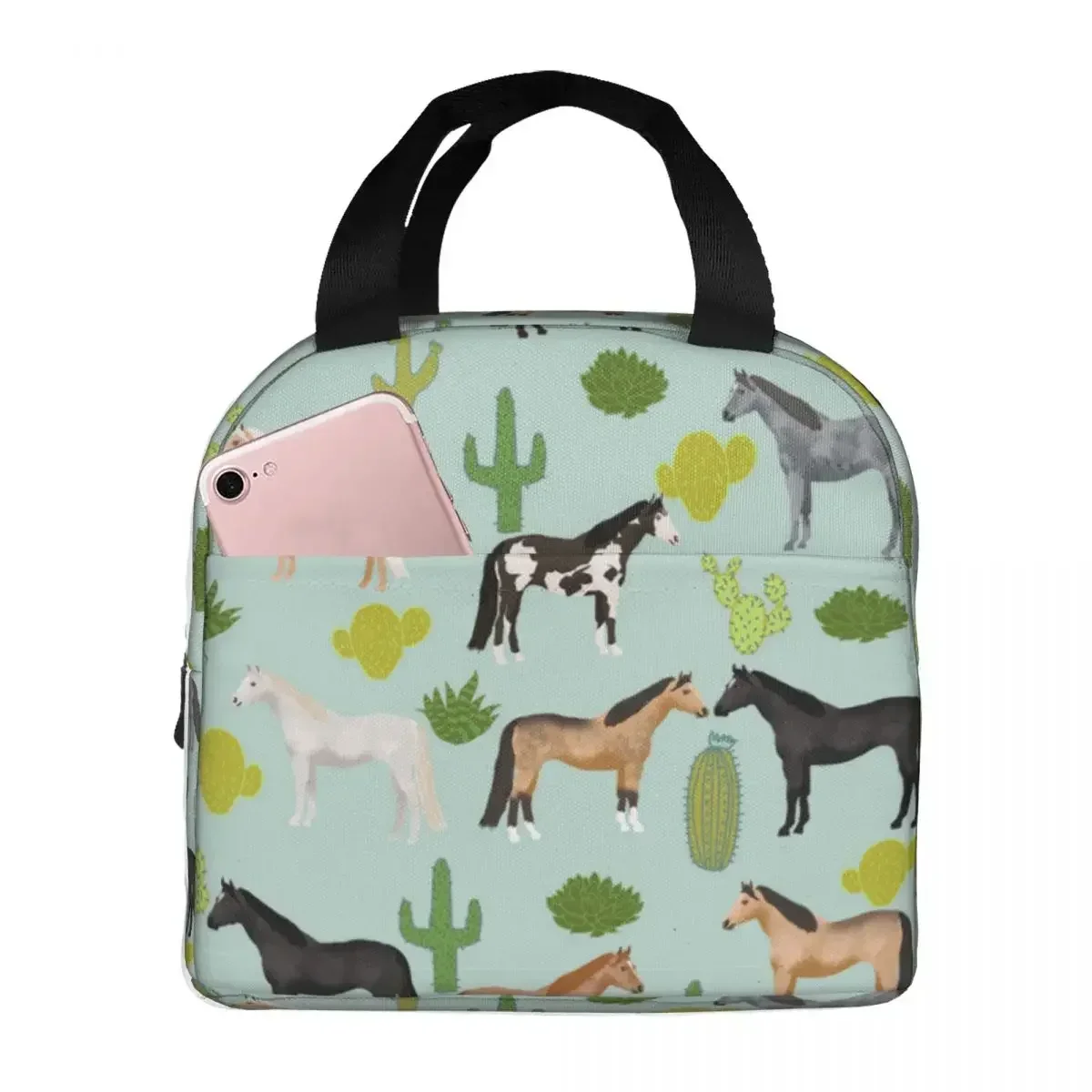 Lunch Bags for Women Kids Horses Cactus Thermal Cooler Bags Portable School Animal Canvas Tote Handbags