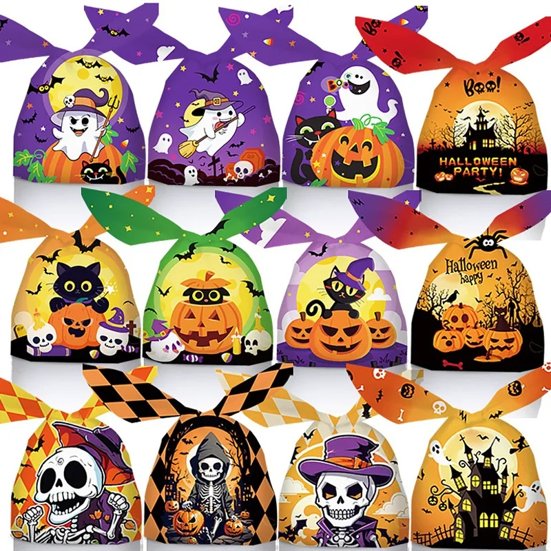 Embalaje de plástico con orejas de conejo para niños, bolsas de dulces con calavera de Halloween, calabaza, truco o trato, bolsa de regalo para