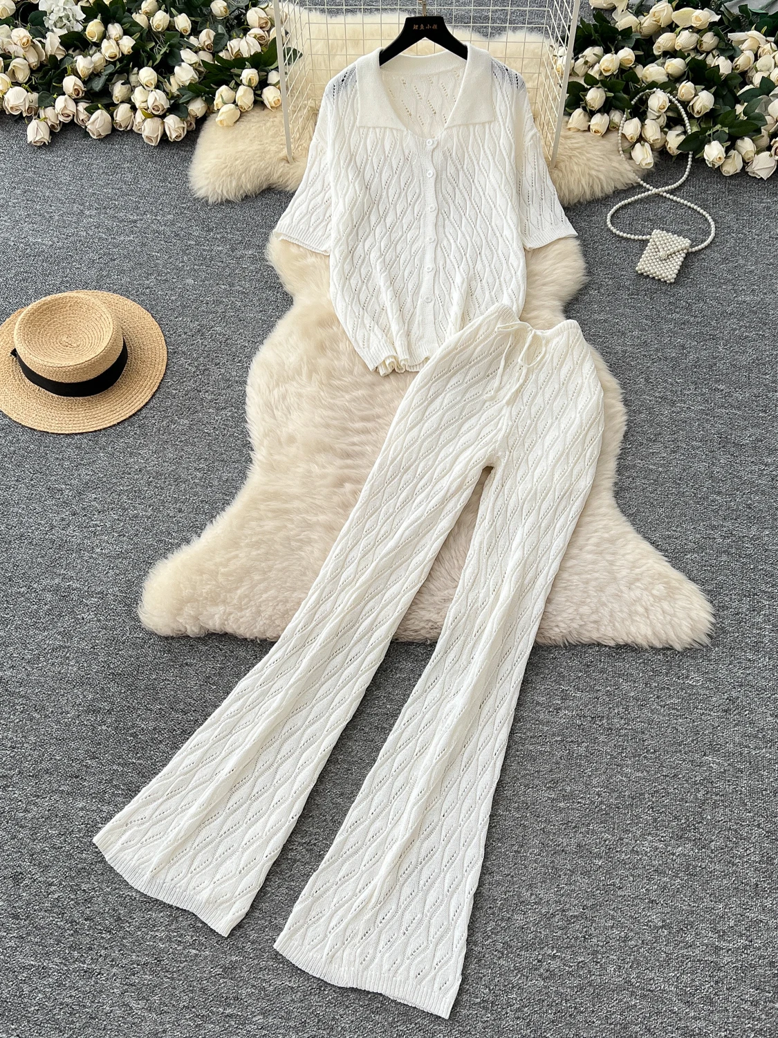 

Ins New Summer Faion Women's Ne ort Sve Knitted Top High Waist Slim Fit Casual Long Pants Ensemble