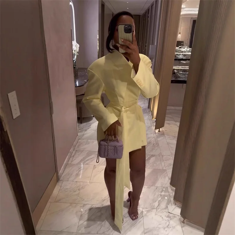 

Autumn Yellow Women Suit Skirt 1 Piece Long Blazer Belted Sexy V Neck Jacket Formal Office Lady Wedding Guest Birthday Coat