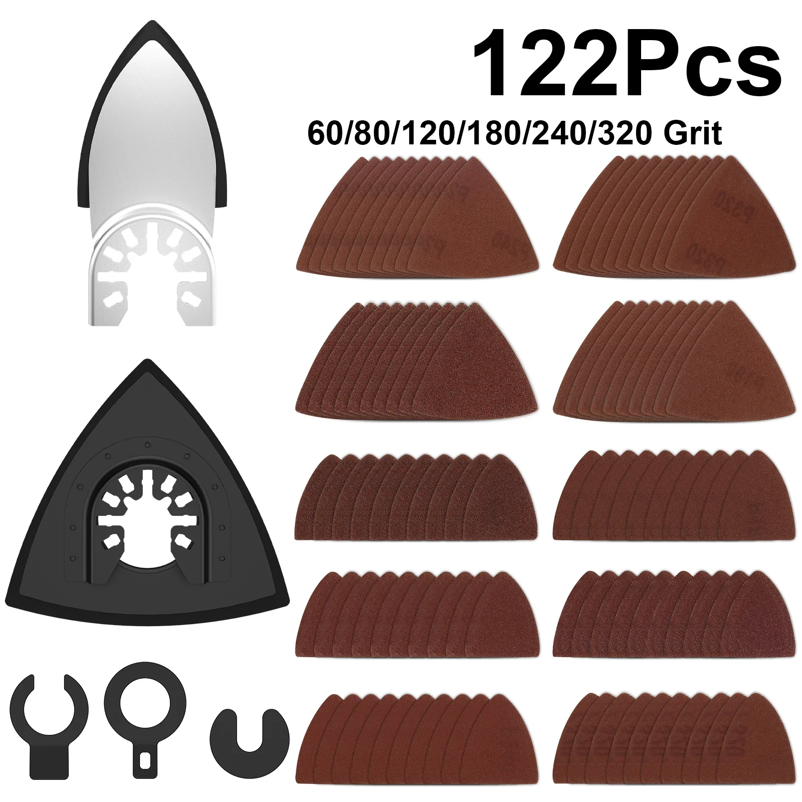 

122Pack Grinding Triangle Oscillating Sandpaper Triangular Sanding Pad Hook Loop60/80/120/180/240/320 Grit For Multitool
