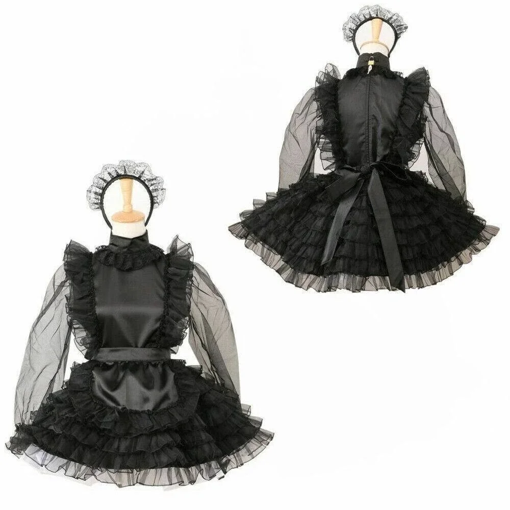 

Sexy Sissy French maid black satin lockable and see through lace dress cosplay costume customizable