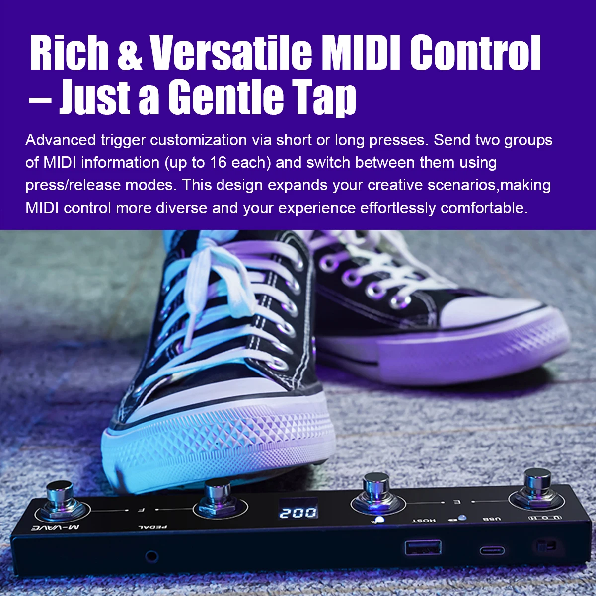 M-VAVE Chocolate Plus Black MIDI Controller – BLE, USB MIDI, Host Interface, 4 Footswitches, 16 Messages per Switch, 280g image 6