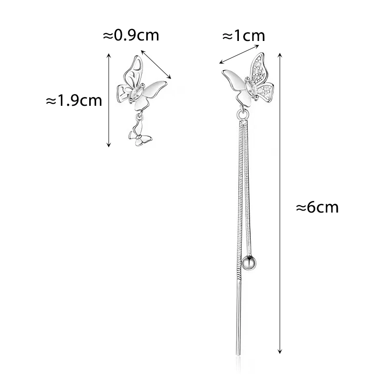 Silver Color Asymmetric Butterfly Zircon Ear Line Stud Earrings for Charm Women Exquisite Fashion Jewelry Accessories
