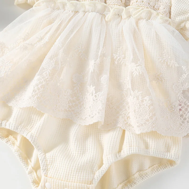 Baby Infant Girls Birthday Party Dress Waffle Ruffle Romper Puff Sleeve Lace Embroidery Dresses Bodysuits for Wedding Banquet