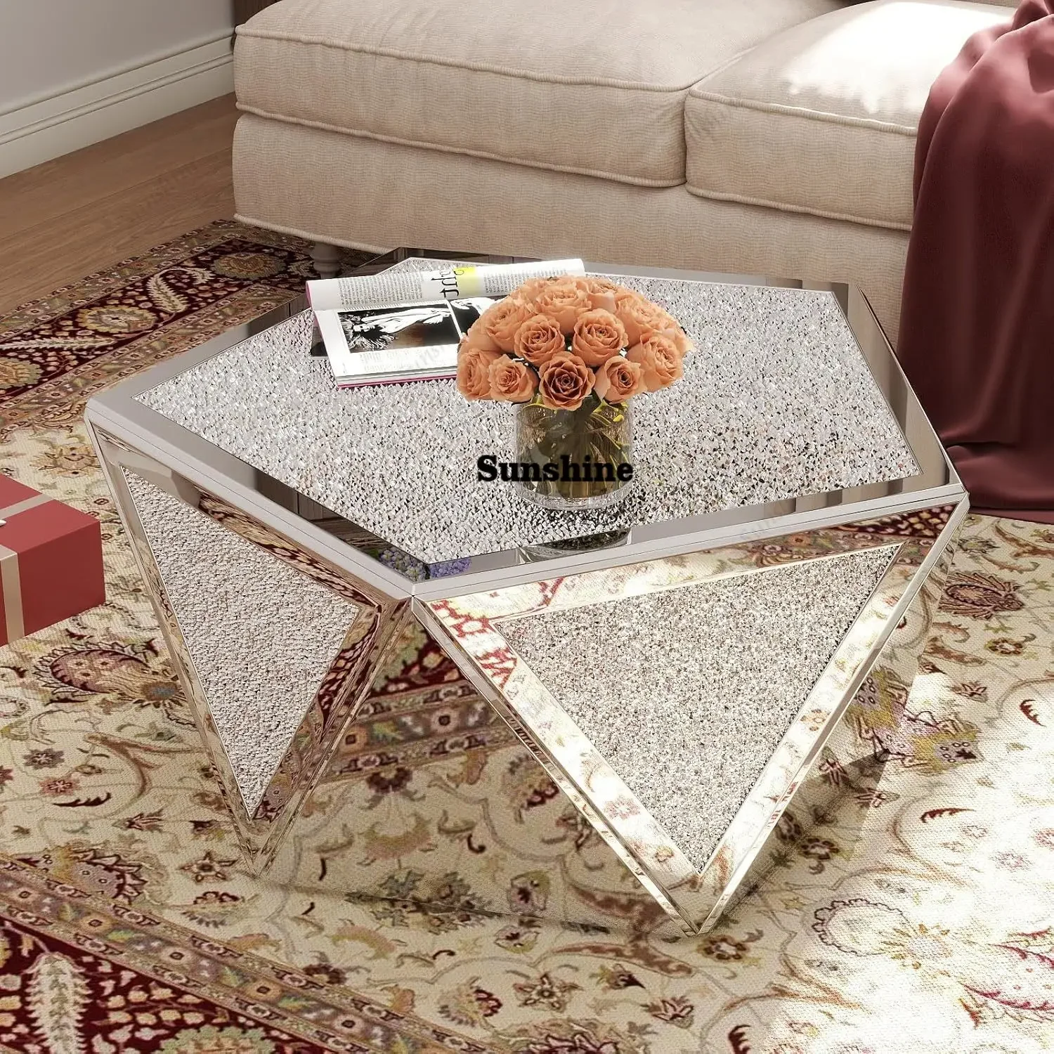 

Silver Crushed Diamond Inlay Mirrored Pentagonal Coffee Table Modern Center Side Home Office Reception, Customized FT
