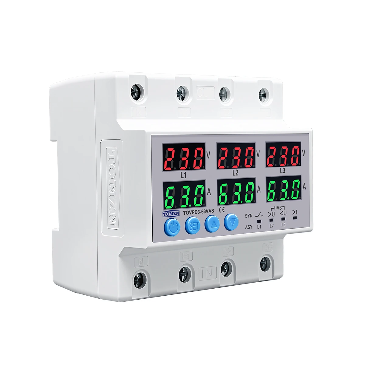 3 Phase 63A Din Rail Adjustable Over Under Voltage Current Limit Protection Relay Protector SYN ASYNC Synchronous Asynchronous